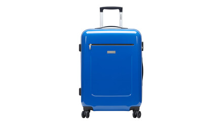Blue glossy suitcase shines against black. Promotes travel, vacations, product display, and luggage branding.