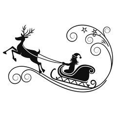 Black silhouette reindeer pulling sleigh with Santa and swirls