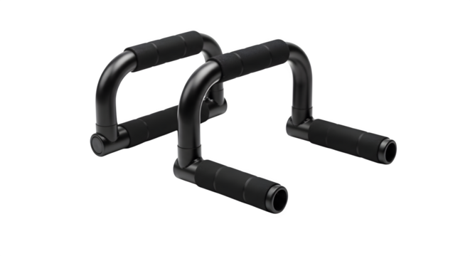 Black push-up bars feature a sleek, minimal style with precise details. Perfect for product photography, fitness product marketing, and digital ads.