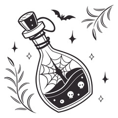 Black spooky potion bottle with spider web and skulls