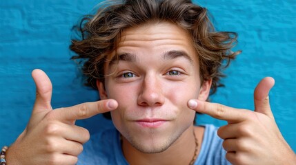 A young man with curly hair smiles and points at his cheeks with both index fingers. He wears a blue shirt and beaded bracelet, posing against a bright blue wall