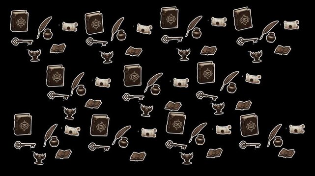 A captivating repeating pattern of mystical objects such as antique books, writing quills, ink bottles, and skeleton keys, suggesting tales of magic and adventure.