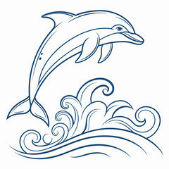 Blue line art dolphin leaping over stylized waves jumping