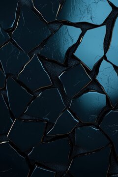 Abstract dark blue mosaic tile background with golden accents.