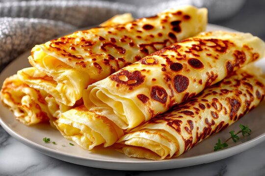 Deliciosas cr&ecirc;pes doradas, caseras, listas para disfrutar en una mesa acogedora