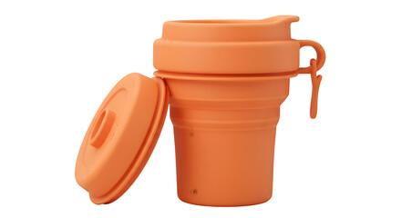 Orange silicone mug with lid on black shows smooth texture with even lighting. Great for product photography or website promotion.