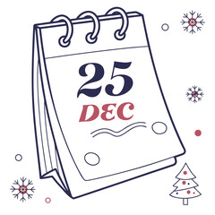 Calendar page showing December 25 with snowflakes and Christmas tree
