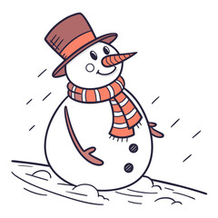 Cartoon snowman with hat and scarf in snow winter character