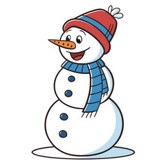 Cheerful snowman with red hat and blue scarf winter
