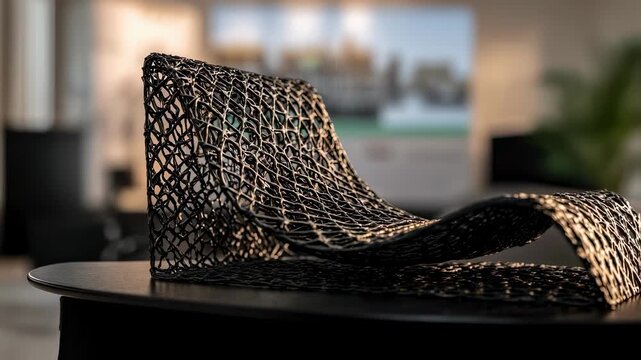 Closeup of a sleek 3D printed chair showcasing intricate lightweight lattice patterns with blurred modular components in the background.