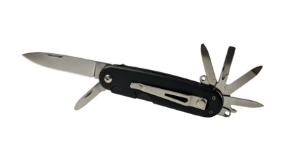 Black multi-tool with silver blades shines against black. Versatile for outdoor, camping, or everyday carry. Use for product shots, tool catalogs, DIY projects.