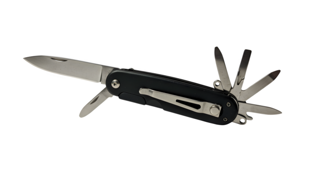 Black multi-tool with silver blades shines against black. Versatile for outdoor, camping, or everyday carry. Use for product shots, tool catalogs, DIY projects.