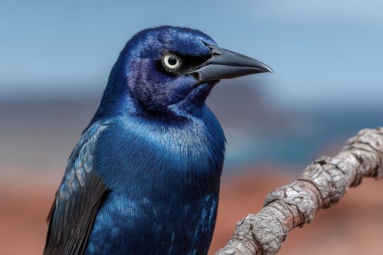 Iridescent great-tailed grackle perched on a weathered branch.