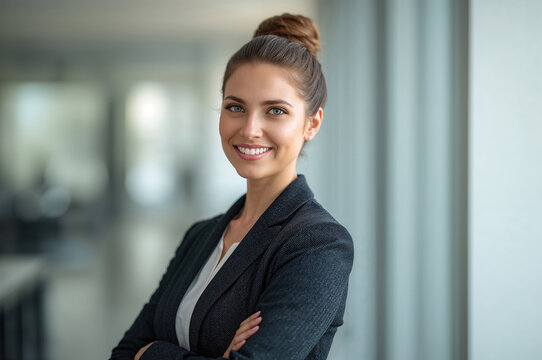 Retrato Convincente de una Mujer L&iacute;der Empoderada y Visionaria, Irradiando Confianza y Competencia en un Moderno y Elegante Entorno de Negocios Corporativo.