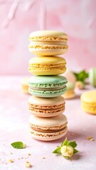 Stacked macarons in pastel colors, a stack of four macarons in yellow, light green, pale peach, and light mint green, arranged on a pink background with scattered flowers and leaves