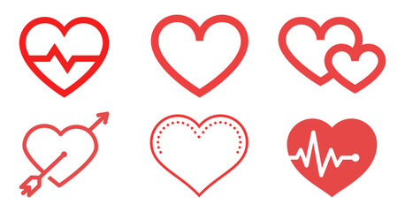 Red Heart Icon Set Love, Health, and Romance Vector Symbols Collection with different shapes