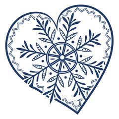 Fototapeta premium Dark blue snowflake heart shape with floral elements