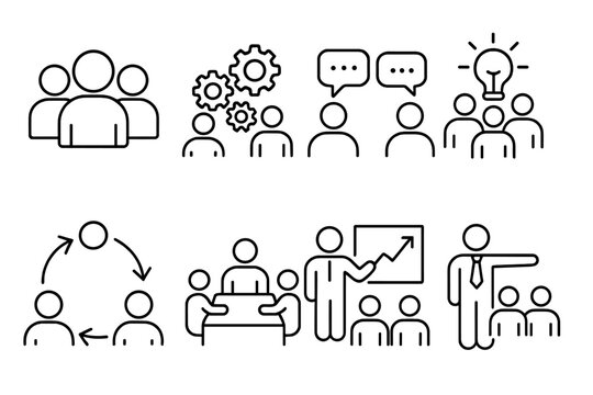 Teamwork and collaboration thin line icon set. Vector concepts of people interacting, communicating and working together. Includes business meeting, brainstorming, leadership and growth.