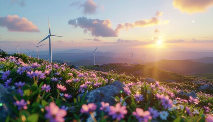 Solar Wind Turbines in Blooming Field