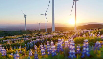 Solar Wind Turbines in Blooming Field