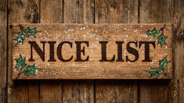 Nice list sign on a wooden door with holly leaves and snow flakes