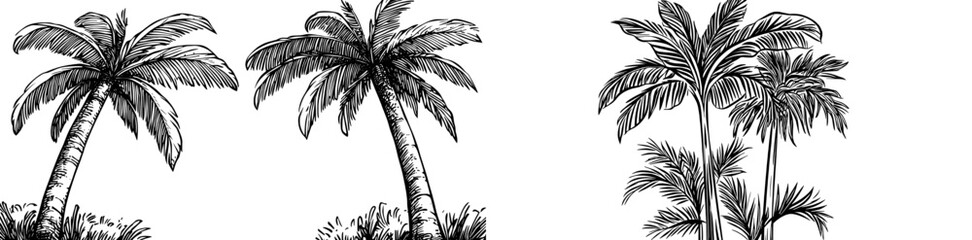 Obraz premium Black palm trees, an exotic symbol of summer sea coast plants, including coconut and banana trees, as represented in a black icon collection of modern tropical vacation elements
