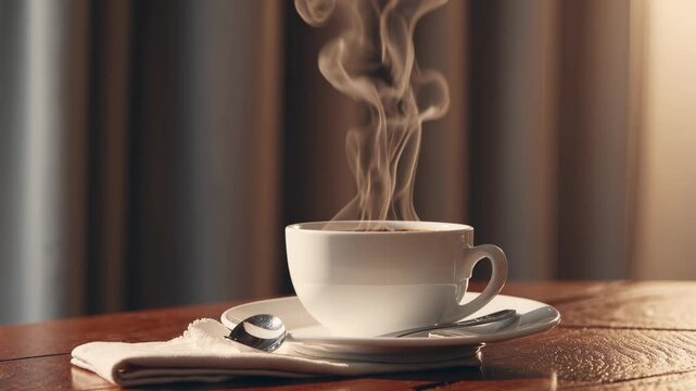 Warm, inviting video scene of a steaming coffee cup on a wooden table. Captured from a side angle, highlighting the cozy, morning ambiance.
