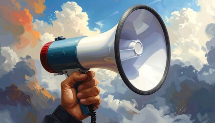 A Person Holding a Megaphone with a Cloudy Sky Background