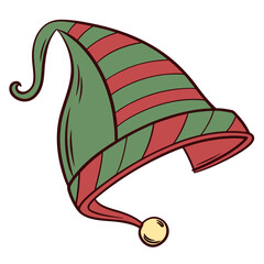Green and red striped elf hat with yellow bell santa hat