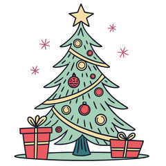 Green Christmas tree with red and yellow ornaments and gifts