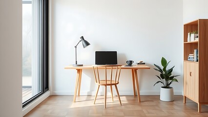 Minimalist office space with wooden furniture, embodying clean and airy Scandinavian design.
