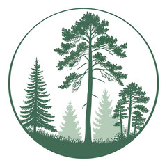 Green pine forest silhouette inside circle evergreen trees