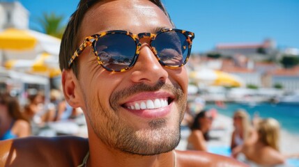 A man with sunglasses smiles at the camera. People lounge on the beach, and blue water is visible. It is a sunny day near Hvar in Croatia