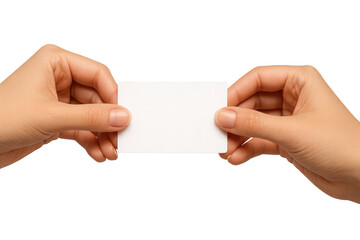 Two hands holding blank white business card isolated on transparent background