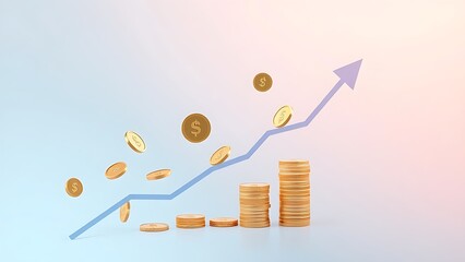 An abstract representation of financial growth with floating coins and upward arrows on a gradient background.