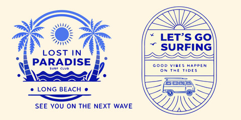 Retro surf club emblems with palm trees sun waves surfboards and a van