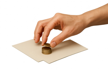 Male hand placing coin on stacked money, isolated on transparent background.