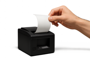 Hand pulling thermal receipt paper from a black printer, isolated on transparent background