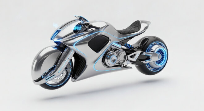 Futuristic silver motorcycle with blue accents on a white background - Powered by Adobe