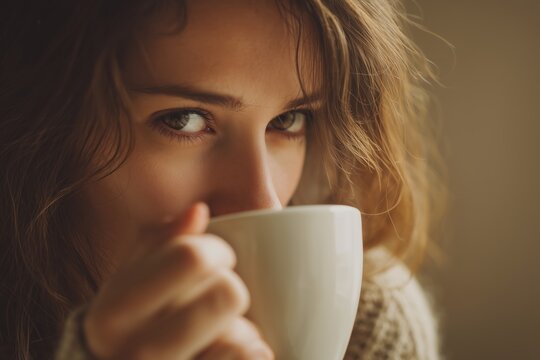 Elegant woman enjoying a warm beverage close-up