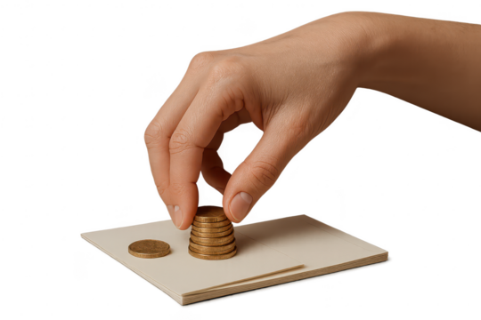 Human hand stacking golden coins on papers, isolated on transparent background