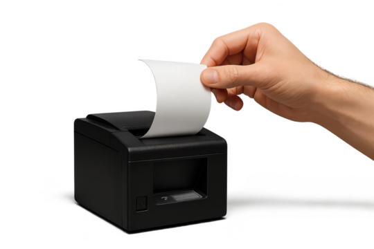 Hand pulling thermal receipt paper from a black printer, isolated on transparent background