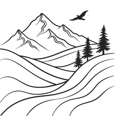 Minimalist black line art mountain landscape with bird