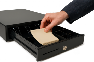 Hand placing notes into a cash drawer, isolated on transparent background