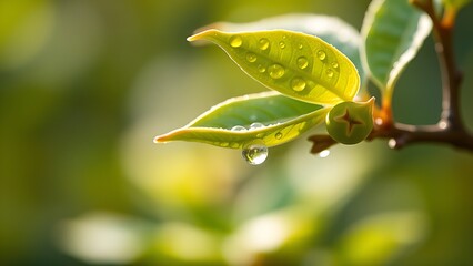 Close-up of fresh tea leaves with morning dew in soft natural light, botanical setting.