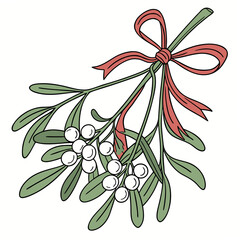 Mistletoe bunch with red ribbon on white background