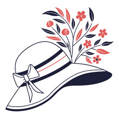 Navy and coral floral summer hat flowers leaves
