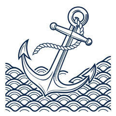 Navy anchor with rope on stylized blue waves nautical