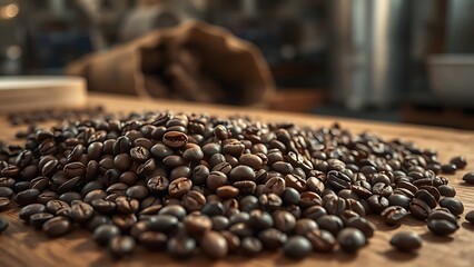 Freshly roasted coffee beans on wood with aromatic steam in warm directional light.