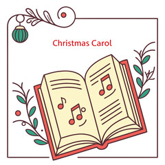 Open Christmas carol book with musical notes and festive decoration